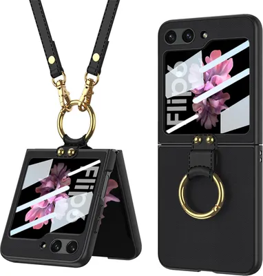 Obrázek produktu pro Pouzdro pro Samsung Galaxy Z Flip 6 / Z Flip 7 FE Tvrdé kožené kryt s ochrannou fólií na displej a popruhem s kroužkovým držákem černé