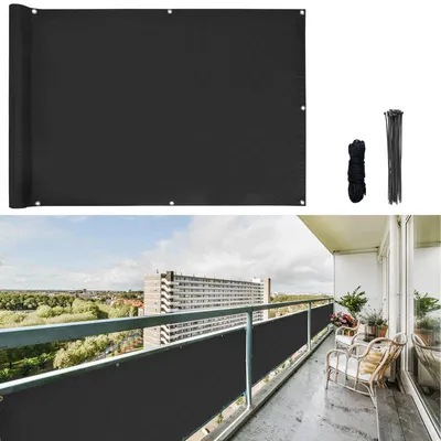 Produktbild von Balkon Sichtschutz 0,75x3 m, Schwarz, mit Ösen UV30+ & blickdicht; Polyester 160g/m² (wetterfest); Ösen à 50cm; Inkl. 24 Kabelbinder & 12m Seil;