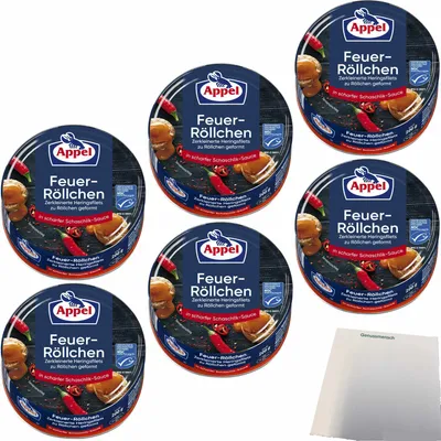 Produktbild von Appel Feuer Röllchen Zerkleinerte Heringsfilets zu Röllchen geformt in scharfer Schaschlik-Sauce 6er Pack (6x200g Dose) + usy Block