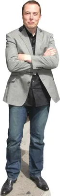 A full-body cardboard cutout of Elon Musk standing with his arms crossed.