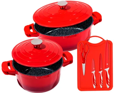 Produktbild von 7tlg. Vorteilsset:  32x25cm Bräter SHINE RED + Ø24cm Schmortopf  SHINE RED + Messerset ROT