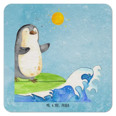 Produktbild von Mr. & Mrs. Panda Tassenuntersetzer Pinguin Surfer 50er Set - Eisblau - Geschenk, Hawaii, Motiviert, gläseruntersetzer, Urlaub, Optimistisch, Portugal, Bierfilzl