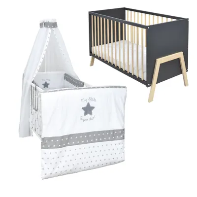 Produktbild von Babybett Kinderbett Gitterbett Juna 60x120 Anthrazit Schutzgitter Matratze Bettwäsche Set 10tlg Super Star