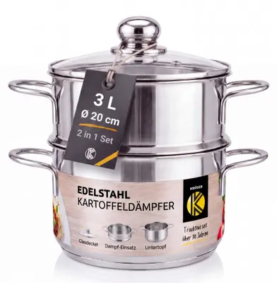 Productafbeelding van Stomer kookpan - Aardappelstomer - 20 cm - Roestvrij staal - Met glazen deksel