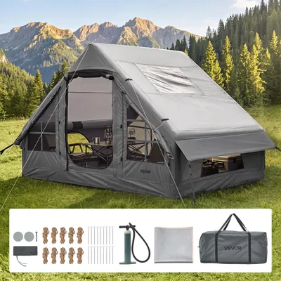 Produktbild von VEVOR Aufblasbares Zelt Campingzelt Luftzelt 2-4 Personen mit Pumpe Grau, für Outdoor-Aktivitäten Wasserabweisendes 420D Oxford-Gewebe Dachfenster Ofenrohrdurchführung Netzfenster & Tragetasche