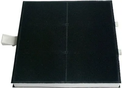 A black activated carbon filter with white tabs on the sides, viewed from an elevated angle against a white background.