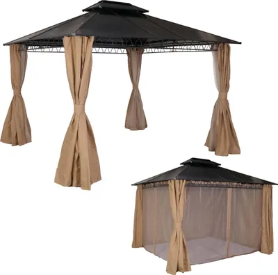 Produktbild von Hardtop Pergola MCW-M81, Pavillon, Aluminium Dachstreben 7cm-Stahlgestell mit Seitenwand und Moskitonetz 3,6x3m  creme