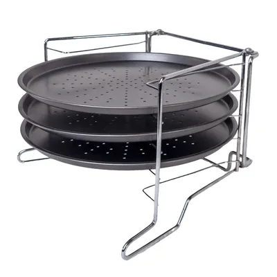 Obrázek produktu pro Intirilife sada třípatrových plechů na pizzu s roštem - průměr 28 cm - 3 kulaté plechy na pečení s nepřilnavým povrchem perforovaná sada pro přípravu pizzy tarte flambée