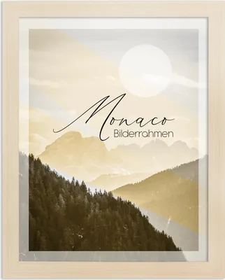 A framed picture of a mountain landscape with text overlay.