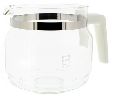 A clear glass coffee pot with a white handle and a silver band around the top.