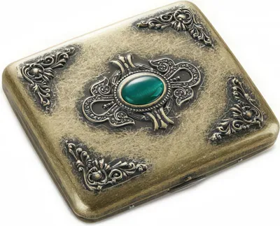 Produktbild von Vintage Zigarettenetui aus Metall, Kupferoptik mit Smaragd-Nachbildung, 18–20 Kapazität, Bronze, 85 mm, stilvolles Accessoire für Raucher