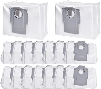 A collection of vacuum cleaner dust bags arranged in rows.