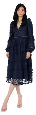 Produktbild von Damen-Midi-Kleid, Blumenmuster, bestickt, mit Spitze, lange Ärmel, V-Ausschnitt, geeignet für Hochzeiten