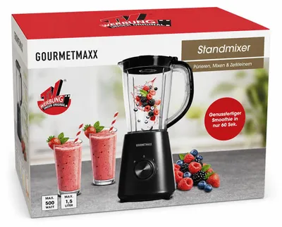Produktbild von GOURMETmaxx Standmixer 500 W schwarz mit 1,5 Liter Glasbehälter, 2 Geschwindigkeitsstufen, Pulse-Funktion und Edelstahlklingen