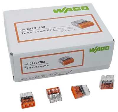 Immagine prodotto di Wago, 100 connettori COMPACT, sezione 0,5-2,5 mm², 3 poli, trasparenti arancioni, modello 2273-203