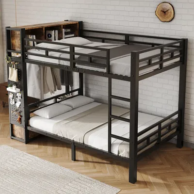 Productafbeelding van MODFU Metalen etagebed 120x200 met opbergmodule, jeugdbed met kledingroede en lade, modern hoogslaper kinderbed met slaapgedeelte, zwart (zonder matras)