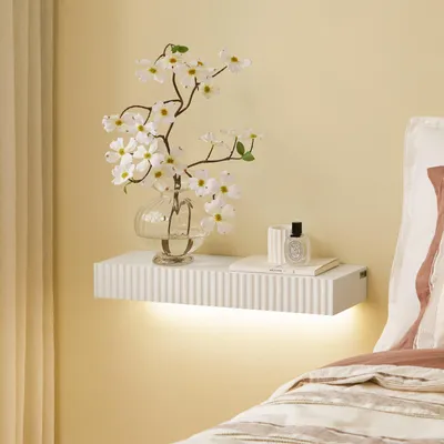 Produktbild von SoBuy Schweberegal mit Schublade & LED-Bewegungssensor-Licht, Wandregal für Schlafzimmer, Flur & Wohnzimmer, batteriebetrieben, Weiß, FHK38-W