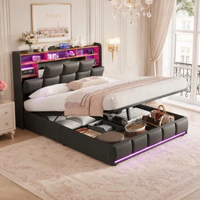 Produktbild von INONEFT Polsterbett 140x200cm mit LED USB und steckdosen, boxspringbett mit stauraum kopfteil, doppelbett mit bettkasten und lattenrost, Polyurethanschwarz