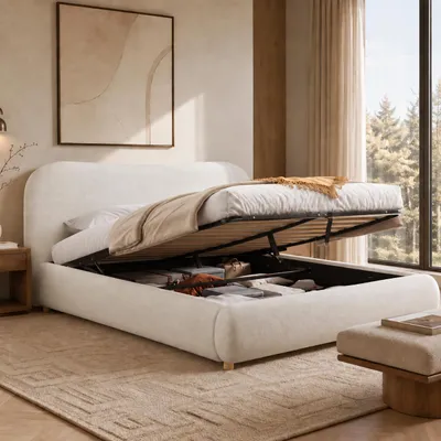 Immagine prodotto di Letto matrimoniale MODFU, 180 x 200 cm, con spazio contenitore, struttura imbottita idraulica in tessuto bouclé e legno massello, con testiera imbottita e rete a listelli, senza materasso, colore bianco, Immagine generata dall'IA