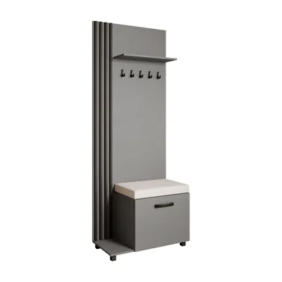 Produktbild von Garderobenschrank LIVIA Links Graphit – Garderobe mit Kleiderhaken, Schuhschrank, schwarze Lamellen, hellbeiges Sitzkissen, Hochschrank, Flurmöbel