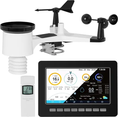 A wireless solar weather station with a display unit and outdoor sensor components, set against a white background.