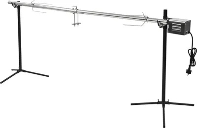A stainless steel automatic rotisserie spit with a motor, mounted on two black tripod stands, against a white background.