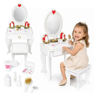 Produktbild von 4iQ Kinderschminktisch IZOLDA aus Holz 48,5x33x93 cm Weiß mit Stuhl