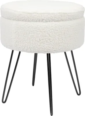 Produktbild von Weicher runder Bouclé-Fußhocker mit Aufbewahrung und schwarzen Haarnadelbeinen – Beige