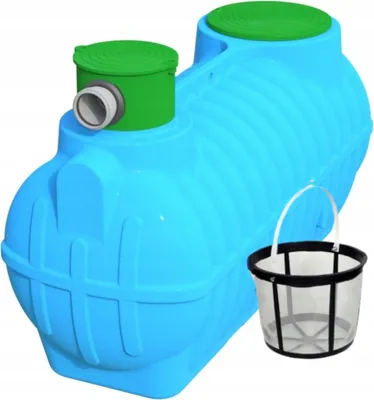 A blue underground water tank with green lids and a mesh basket next to it, on a white background.