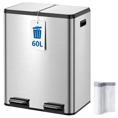 Doppelter Abfalleimer 60L RVS mit Soft-Close und Pedal