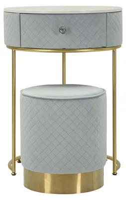 Imagen del producto de Tocador Vellit con taburete, tapizado en terciopelo azul claro y con detalles en metal dorado. Diseño glamuroso, elegante y funcional, ideal para dormitorios y espacios de belleza. Referencia: 14288000CL