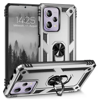 A silver smartphone case with a ring holder is displayed against a white background.