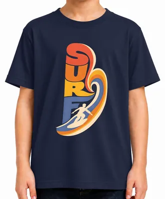 Zdjęcie produktu dla SURF: Surfing, fale, morze, ocean, plaża, lato, styl retro, deska surfingowa, koszulka dla dzieci, kolor granatowy, rozmiar 152
