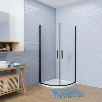 Produktbild von 80x80xH.195cm Runddusche Drehtür Dusche Viertelkreis Schwarz Duschkabine 6mm NANO ESG Sicherheitsglas mit 80x80x3cm Duschtasse Viertelkreis Runddusche Duschwanne mit Ablaufgarnitur