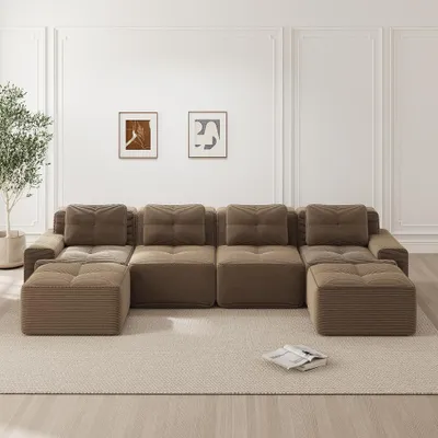 Produktbild von Modulares Sofa U Form 4 Sitzer Cordsofa Braun, 382x177x69 cm, Cloud Sofa Tiefsitz mit Breiten Armlehnen, Haustierfreundlich und Ohne Montage