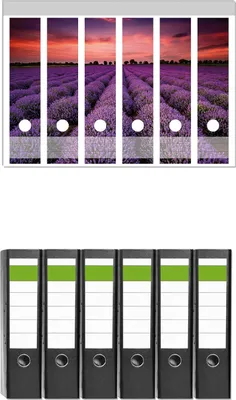 Produktbild von Wallario 6 Stück breite Ordner inkl. Klebeetiketten mit Motive Lavendelfeld unter rotem Himmel -  Set mit Rückenschildern / Ordnerrücken Stickern