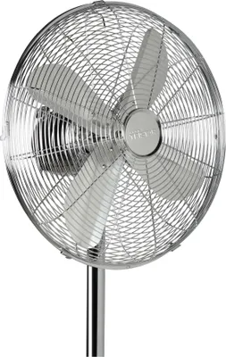 A silver stand fan on a white background.