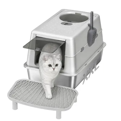 Produktbild von Edelstahl Katzenklo XXL mit Deckel, Doppeltür, 60 × 40 × 42 cm, Geschlossenes Katzentoilette mit Schaufel Fußpedal, Leicht zu Reinigen, Auslaufsicher
