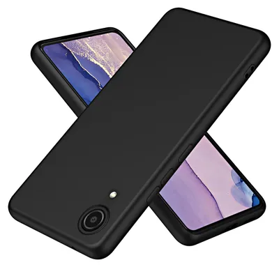 Two black phone cases are shown diagonally against a white background, with one case partially covering the other. The screens of the phones inside the cases are visible, displaying a purple and blue abstract pattern.