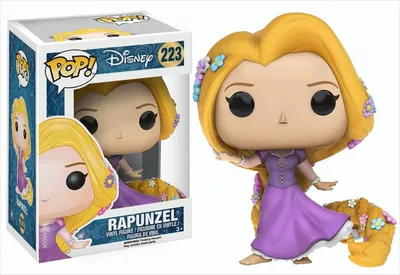 A Funko Pop vinyl figure of Rapunzel from Disney's Tangled, shown both in its packaging and displayed outside of it.