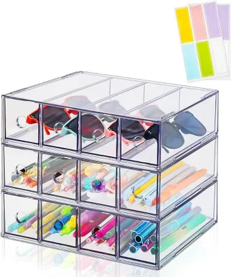 Produktbild von PolkaHome® 3er Set Schubladen-Organizer mit 8 Schubladen, Transparenter Acryl Schreibtisch-Organizer, Stapelbar, Aufbewahrungsbox für