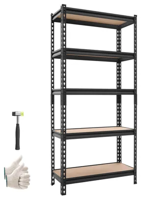 Obrázek produktu pro Regál VEVOR pro těžké zatížení, 720x309x1520 mm, nosnost 907,2 kg. Skladový regál s ocelovou konstrukcí, 5 nastavitelných polic z MDF. Modulární regál, který lze použít i jako pracovní stůl. Flexibilní kovový regál vhodný do sklepa, garáže nebo dílny