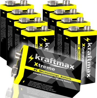 Produktbild von 8er Pack kraftmax Xtreme 9V Block Hochleistungs- Batterien ideal für 10 Jahres Rauchmelder - 6LR61 9 Volt Longlife Blockbatterie mit maximaler Lebensdauer