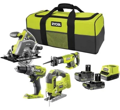 Produktbild von RYOBI 4-teiliges Werkzeugset: 1 Akku-Bohrschrauber + Sägen (Stichsäge, Kreissäge & Säbelsäge) + 2 Akkus (4 Ah & 2 Ah) + 1 Ladegerät & Tragetasche