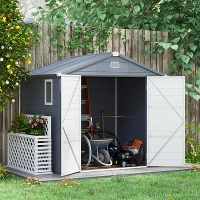 Produktbild von Außenlagerhaus 4,1 m³, Gartenwerkzeughaus aus Stahl mit Pultdach, mit abschließbarer Tür, Fenster, Fahrradabstellplatz, 240 x 190 x 180/228 cm, grau