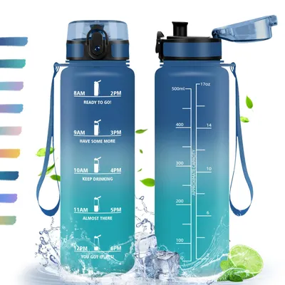 Produktbild von Trinkflasche 500 ml mit Zeitmarkierung und Filter, auslaufsichere Sportflasche