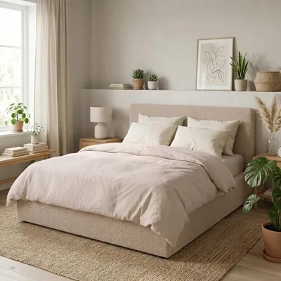 Produktbild von Komvortowy | Polsterbett 140x200 Cm | BOUCLÉ | Doppelbett Mit Metall-Lattenrost & Gasdruckfeder | BEIGE | Bettkasten Ohne Bodenplatte | Stauraumbett | Hochklappbar