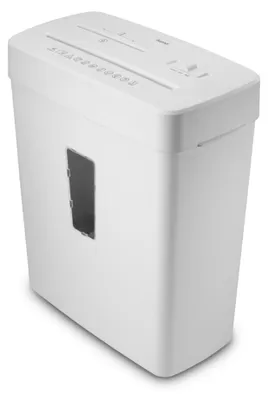 A white paper shredder is shown from a slightly elevated side angle against a white background.
