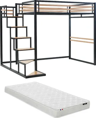 Produktbild von Zwischengeschossbett 140 × 200 cm - Metall und MDF - schwarz und naturfarben - mit Matratze im Lieferumfang - JOGUI