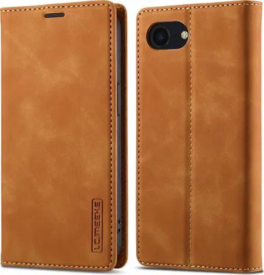 A brown leather wallet-style phone case for an iPhone is shown from two angles.